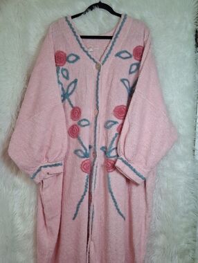 Pink Long Floral Embroidered Women's Cardigan
